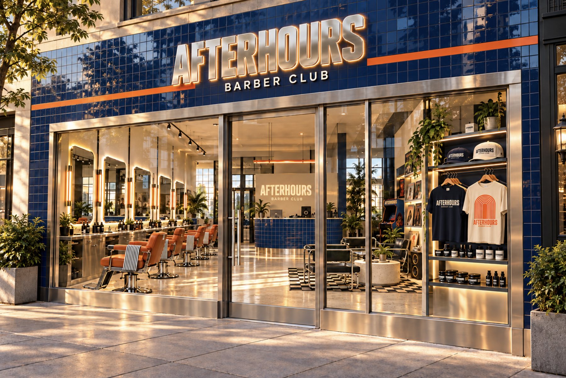 Concept render: an AFTERHOURS franchise storefront with blue tiles, chrome sign and orange stripes