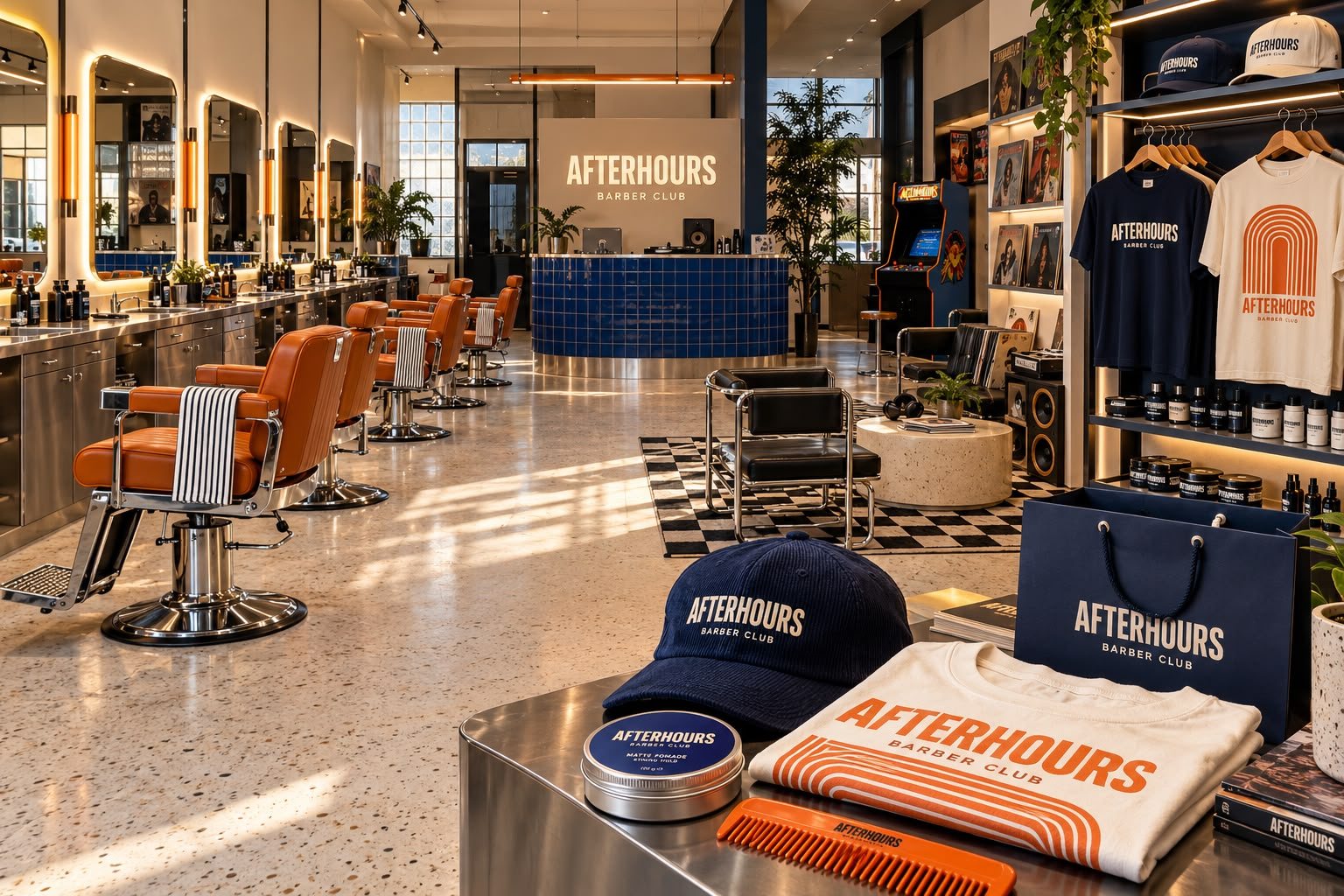 Concept render: inside an AFTERHOURS franchise, orange chairs, tiled counter, arcade and merch wall